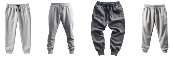 A collection of gray sweatpants for comfort isolated on a transparent background