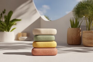 A stack of four colorful solid shampoo bars sits against a backdrop of modern white architecture, greenery, and soft natural sunlight creating a serene and eco-friendly scene.