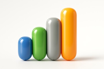 Four brightly colored, glossy capsule-shaped objects of increasing height are arranged like a bar graph against a plain white background, symbolizing growth, data, or progress in a clean, abstract way