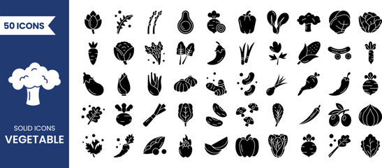 Vegetable icon set in solid style. Containing mushroom, carrot, corn, eggplant, beetroot, potato, lettuce and more. Vector illustration