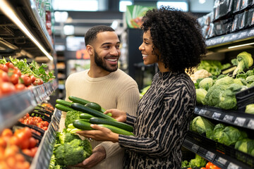 Young couple in supermarket choosing fresh vegetables, smiling and discussing upcoming dinner