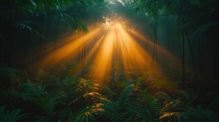 Sunlight streams through misty jungle