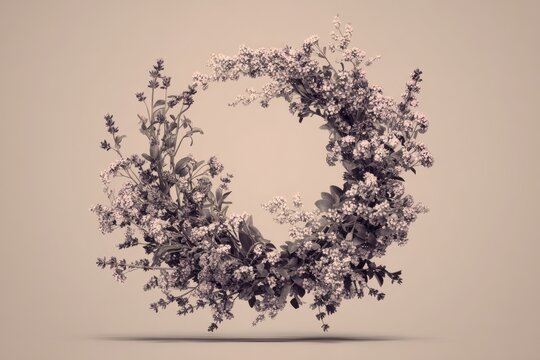 Floral wreath made of monochrome flowers and leaves arranged in a circular shape, creating a natural and elegant botanical composition on a muted background. - Powered by Adobe