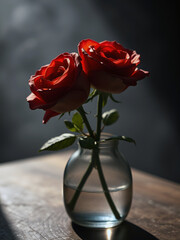 red roses in a vase, vintage rose decor, artistic rose background, glass vase with roses, dark moody rose photo, romantic rose aesthetic, red roses in sunlight, roses on wooden table