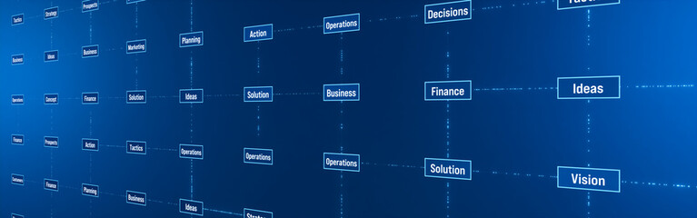 Business grid, vision, strategy, finance, planning, marketing. Ideas, operations, prospects, decisions, solution and concepts.