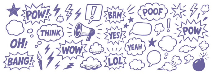 Hand drawn comic elements showcasing dynamic expressions and conveying various sounds and emotions