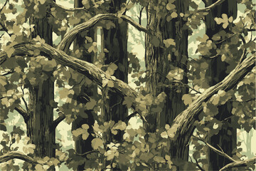 A camouflage pattern with green and brown leaves on the branches. Real tree forest camouflage seamless pattern design pattern for hunting and military uniform. Hunting camouflage background. 