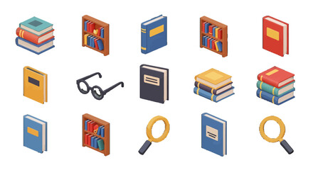 Colorful Library vector icons sets with Bookshelves Books and Magnifying Glass