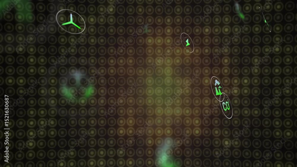 Poster orange glow sparking green energy icons rotating and drifting rightward, visualizing data