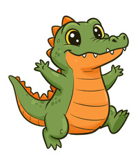 Adorable cartoon baby crocodile with big eyes and orange accents