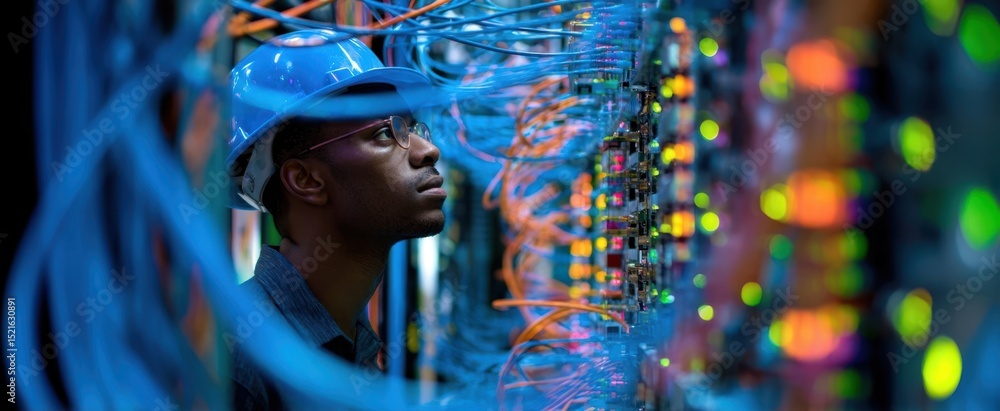 Aufkleber the technician inspecting server connections in a high-tech data center environment.