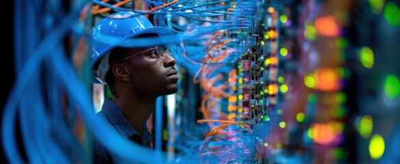 The technician inspecting server connections in a high-tech data center environment.