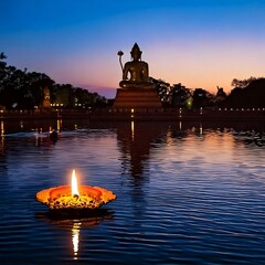Diya floating on river during evening prayer – peaceful Diwali celebration image