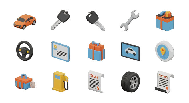 3D Isometric Car Sales vector icons sets Keys Wrench Contract and More