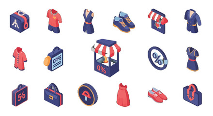 Fototapeta premium 3D Isometric Collection of Clothing Shoes and Retail vector icons sets