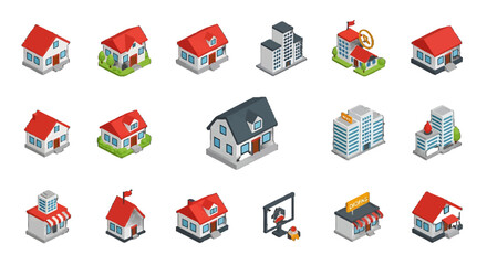 3D Isometric Collection of Diverse House and Building vector icons sets