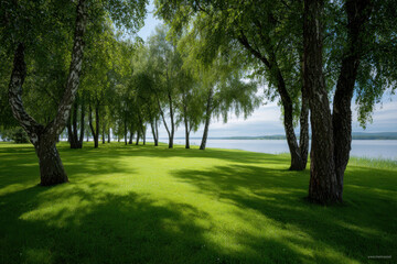 Obraz premium serene summer park in finland featuring lush green trees vibrant flowers and clear blue sky