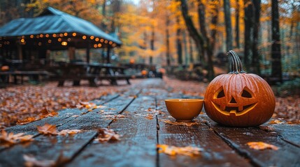 Autumnal pumpkin lantern on a wooden table