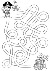 Maze activity sheet for children. Cute maze for kids. Kids labyrinth puzzle. Black and white maze puzzle game for children with illustration of pirate.	