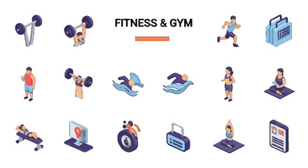Fototapeta premium 3D Isometric Fitness and Gym vector icons sets Diverse Workout Activities