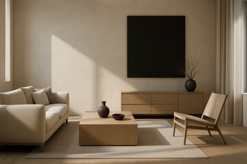 Bright and cozy minimalist living room with neutral tones, clean furniture, and geometric decor. Natural light highlights warm wood and soft textures.