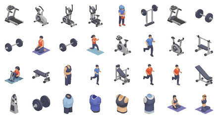 3D Isometric Fitness Equipment and Active People Illustrations