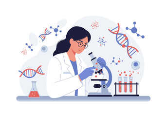 Flat vector of scientist in lab coat working with microscope and test tubes