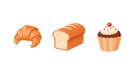 3D Isometric Illustration of Croissant Bread and Cupcake