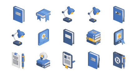 3D Isometric Illustrations of Books Lamps Tablets and Stationery in Blue Tones