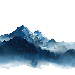 Majestic snow-capped mountain range.  A breathtaking vista of towering peaks, cloaked in a thick layer of snow, reaching into a hazy sky. The deep blues and whites create a sense of depth and grandeur