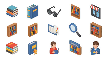 3D Isometric library vector icons sets featuring books bookshelves magnifying glass and reading people