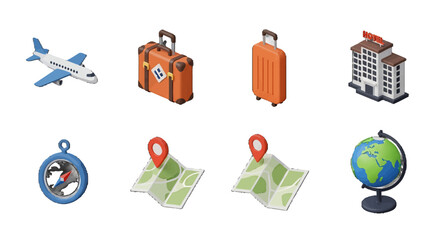 3D Isometric Travel vector icons sets Airplane Suitcases Hotel Compass Maps Globe