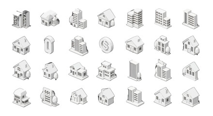 3D Isometric White Building vector icons sets Collection Houses Skyscrapers and Commercial Structures