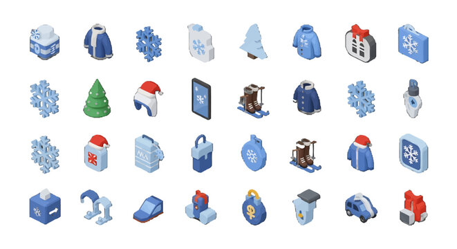 3D Isometric Winter Holiday vector icons sets Snowflakes Gifts Clothing and Festive Decorations