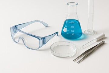 Set of laboratory safety and testing equipment with blue liquid, emphasizing chemical handling, research safety, and clinical experimentation tools.