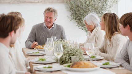 warm family gathering around beautifully set dinner table sharing laughter and stories