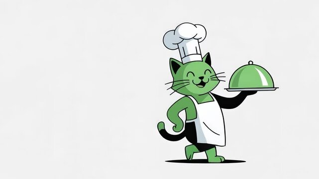 Cartoon cat chef presenting dish with a smile in a playful style  