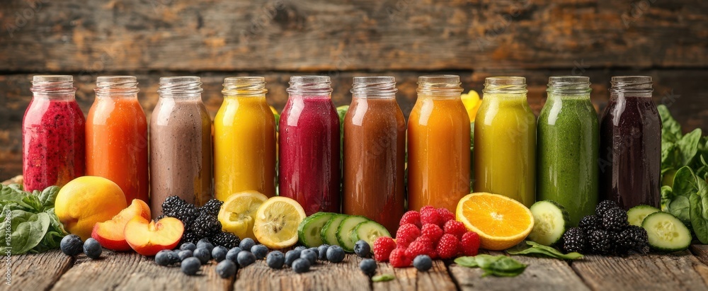 Poster the colorful array of smoothies in glass jars on a rustic wooden table.