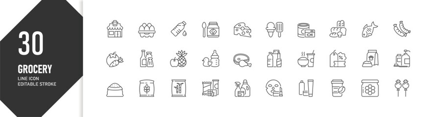 Grocery store items in editable stroke line style, grocery product icons for banner or UI design, icon illustration