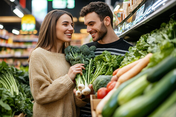 Young couple in supermarket choosing fresh vegetables, smiling and discussing upcoming dinner