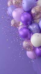 Colorful Balloons With Confetti Against a Purple Backdrop Create a Festive Atmosphere for Celebrations