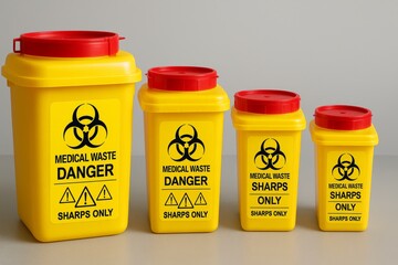 Set of bright yellow sharps containers with biohazard labels and red lids used in clinics and hospitals for safe disposal of medical needles and waste.