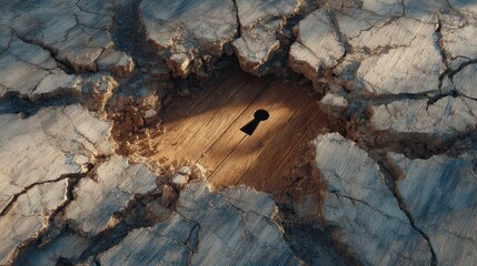 A large keyhole is revealed in cracked, dry earth, symbolizing hidden opportunities or secrets beneath the surface.
