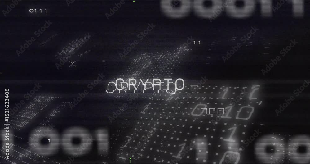 Poster on start, crypto text flickering and glitching while neon circuits pulsing showing network flow