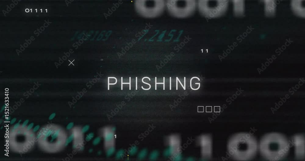 Aufkleber flickering bits starting text scrambling then resolving into phishing letters showing cyber threat