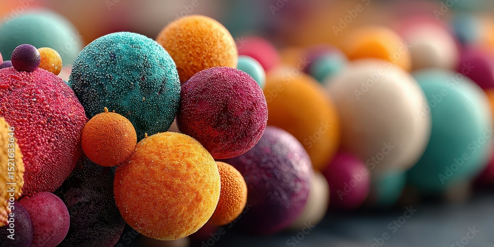 Poster colorful abstract spheres arranged in a visually striking composition with varying textures and size