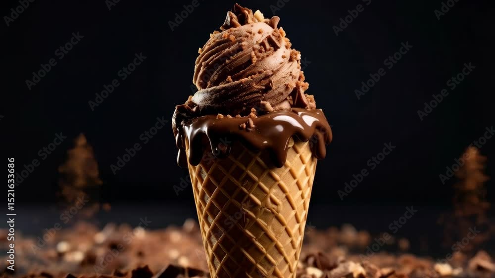 Poster rich chocolate ice cream cone with dripping fudge sauce and falling chocolate chunks against a dark 