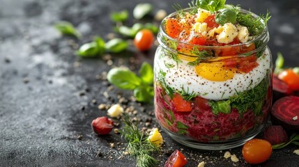 Colorful layered salad in a jar