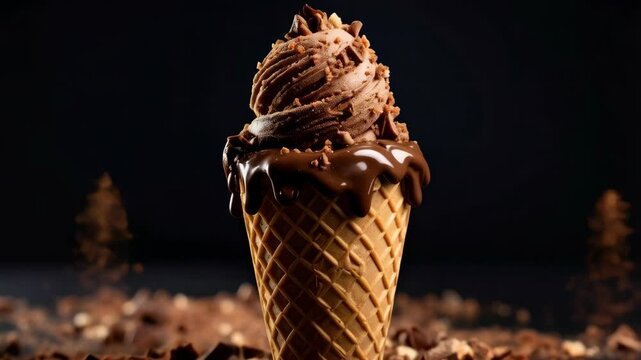 Rich chocolate ice cream cone with dripping fudge sauce and falling chocolate chunks against a dark background, sweet indulgence dessert concept