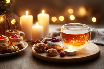 Festive tea party with delicious desserts, candles and warm lights in the background